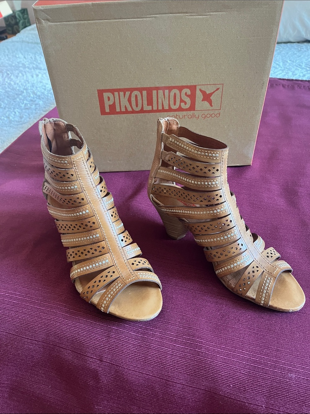 PIKOLINOS Tan Laser-Cut Strappy Stacked Heel Sandals